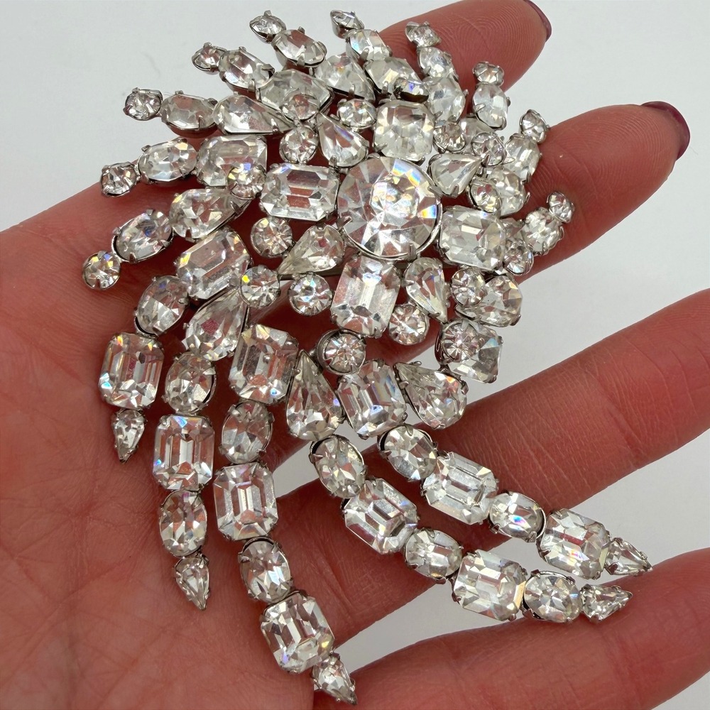 Vintage Rhinestone Spray Waterfall Brooch Large Prong Set‎ Crystal 1950s 60s